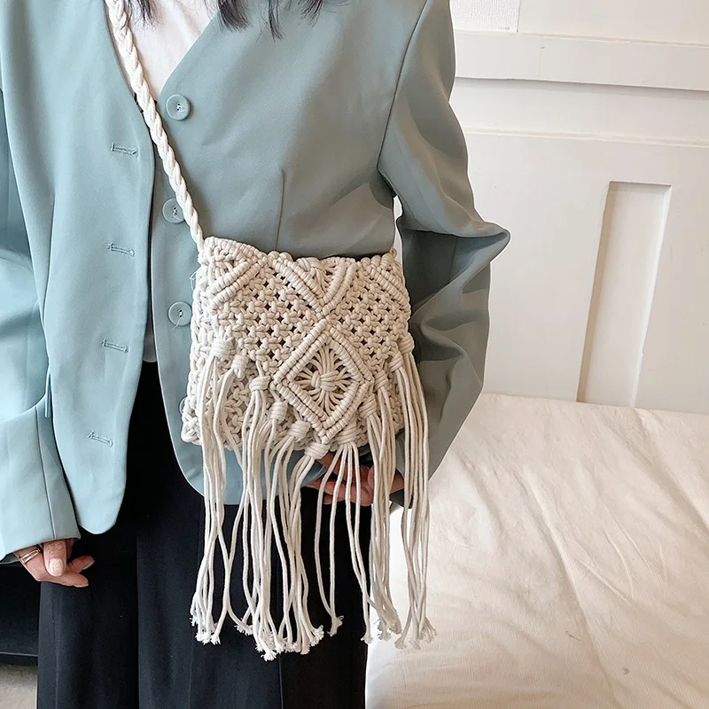 New Casual Handmade Crochet Braid Fringed Bag Women Tassel Knitted Handbag Female Beach Bohemian Shoulder Messenger Bag bolsos