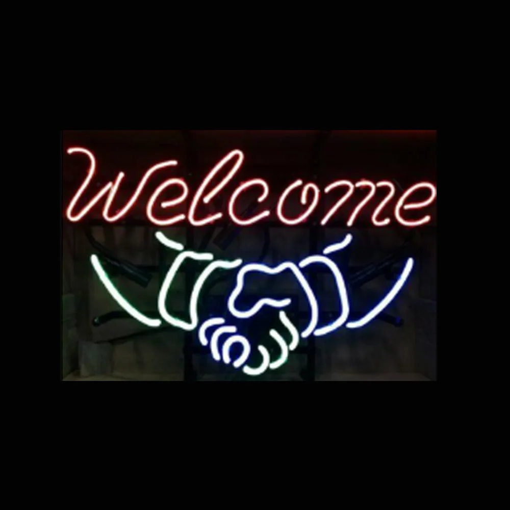 Welcome Shake Hands Neon Light Sign Bar Store Home Handmade Gift Real Glass Tube Aesthetic Room Wall Decor Display Lamp 17