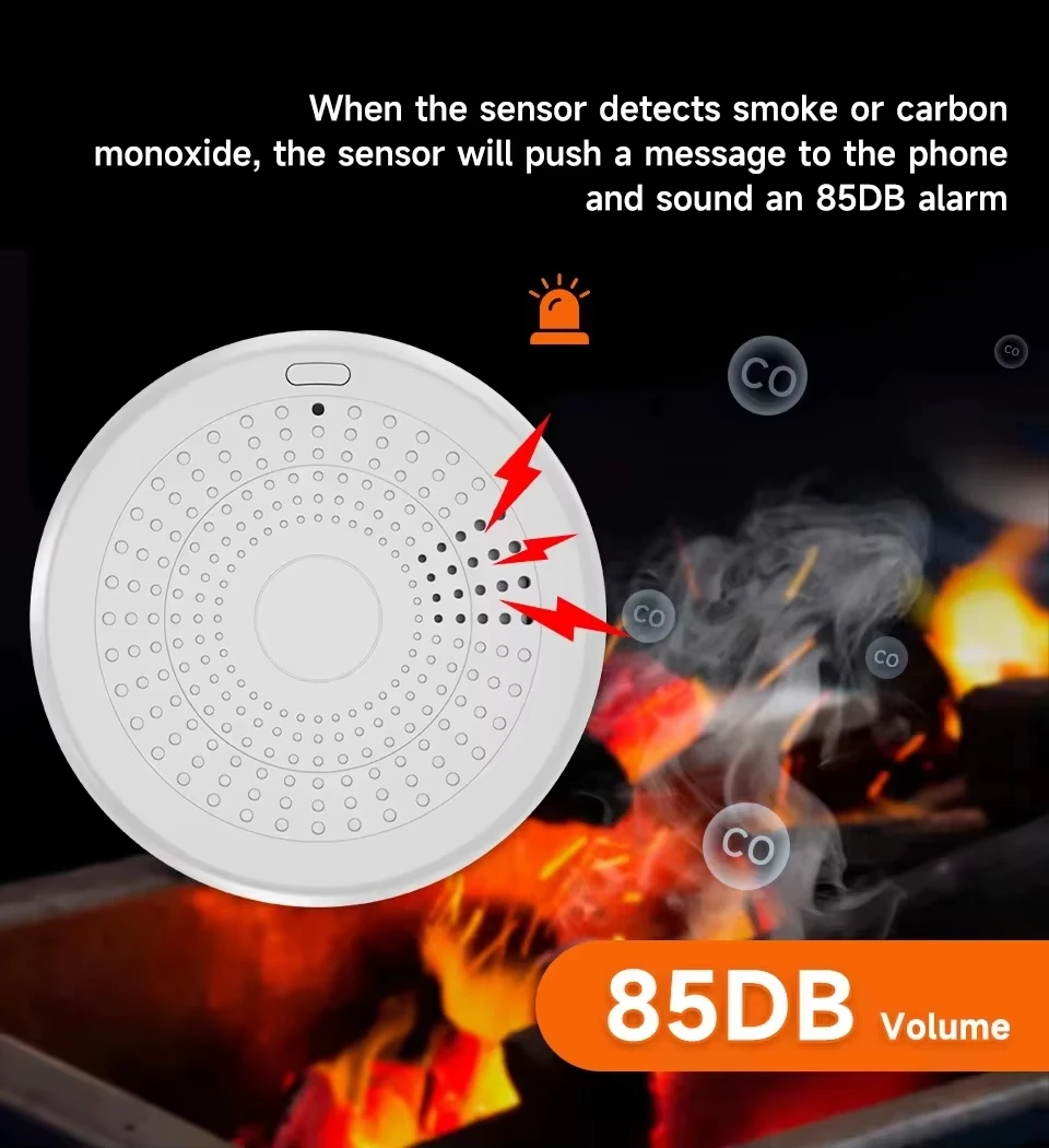 Detector de fumaça e monóxido de carbono 2 em 1 Tuya com alarme sonoro Zigbee Smart Life compatível com alarme de gás de segurança contra incêndio
