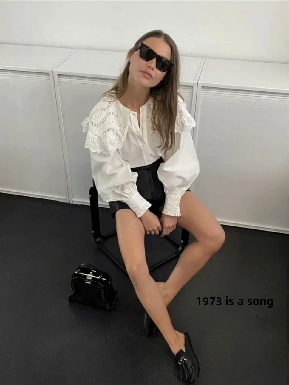 

Retro Court Sle Women's irt Design Sense White Blouse Floral Large Collar Inner Wear Long Sve Spring Autumn Top