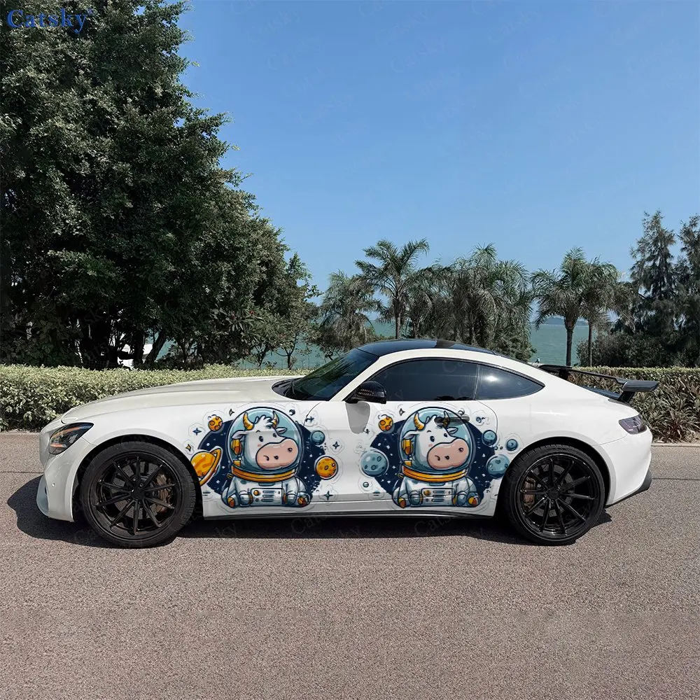 2pcs Cows In Space Stickers Car Body Door Side Two Fashionable Stickers Two Decorations Car Vinyl Wraps