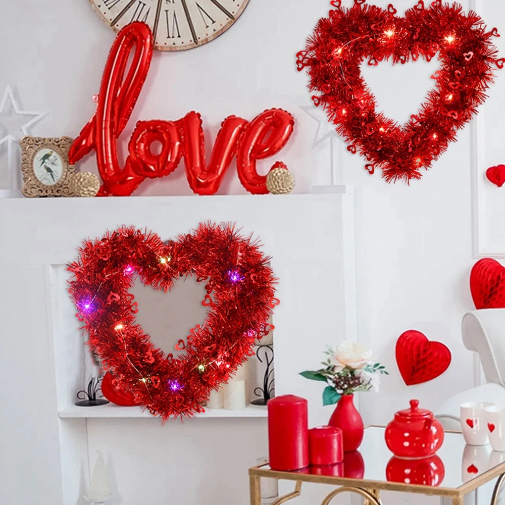 LED Light Valentine Day Heart Shaped Wreath Tinsel Shinning Hanging Ornaments Red Garlands New Year Party Atmosphere Decoration