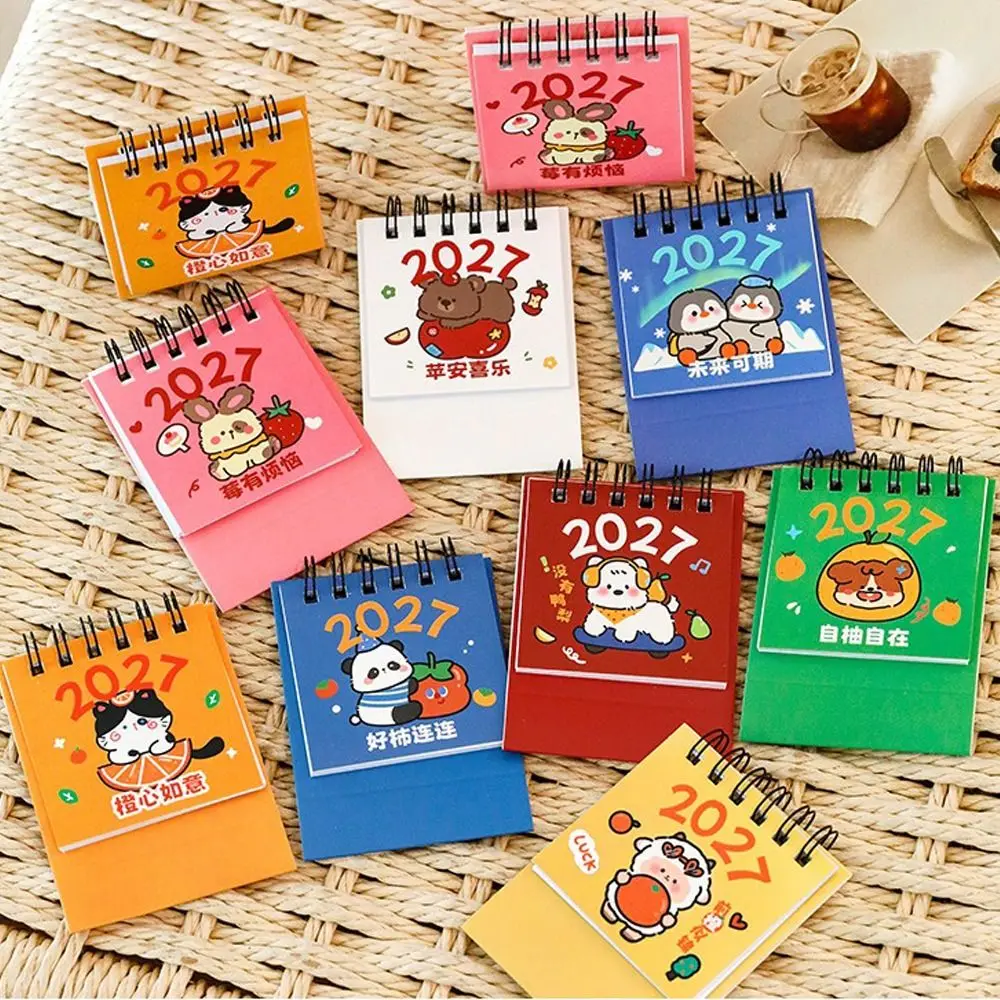 Cute Mini 2027 Desk Calendar Double Coil Cartoon Monthly Planner Schedule Mark Schedule Planner for Home&Office