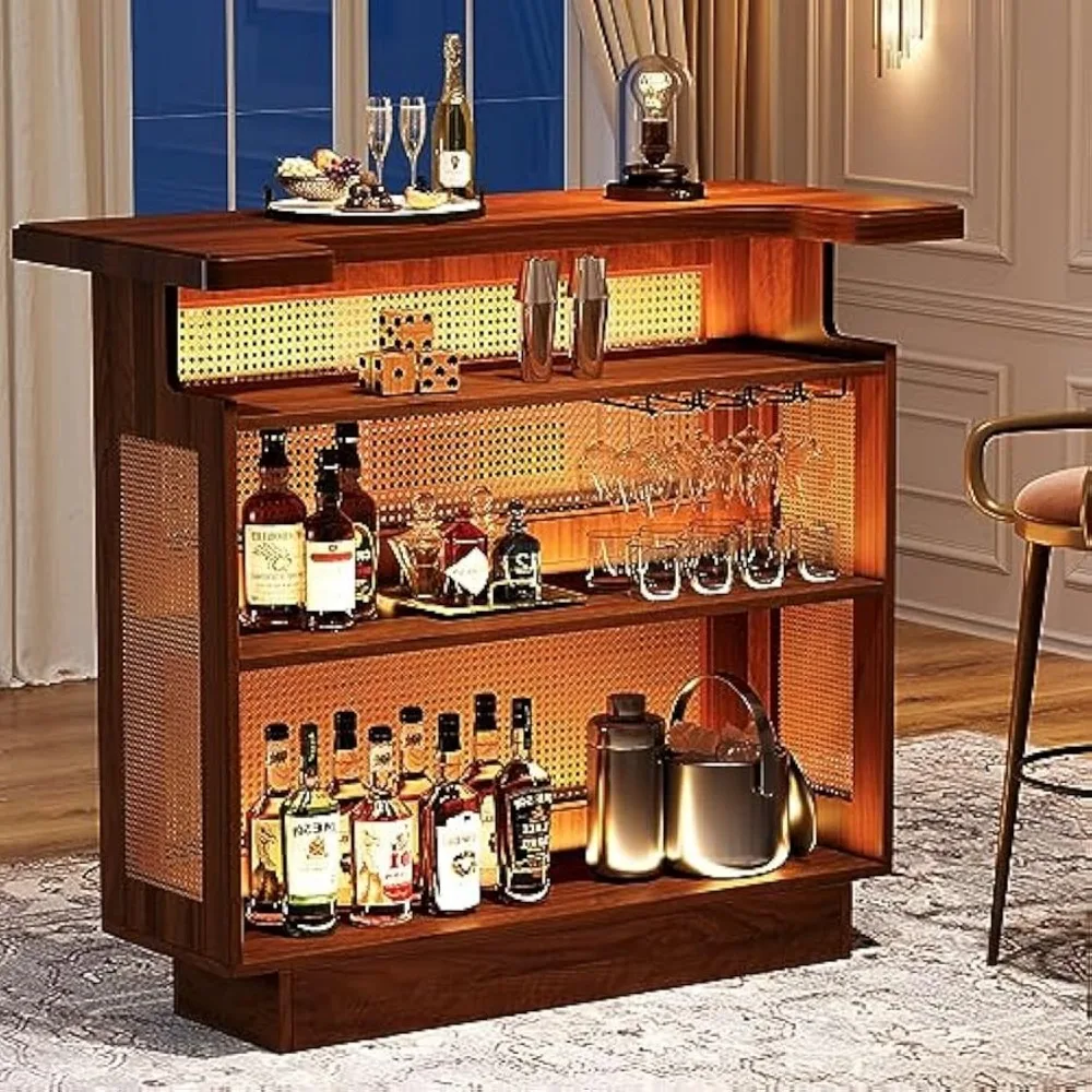 Rattan Home Bar Unit, Farmhouse 4-Tier Bar Table with 4 Stemware Racks and Heightened Base