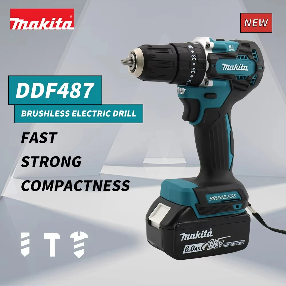 Makita DDF487 Cordless Electric Screwdriver Brushless Impact Driver Variable Speed Electric Drill Rechargeable 18V Battery