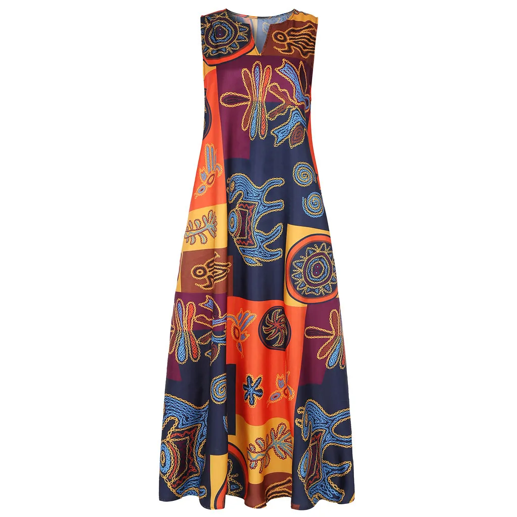 Vintage Bohemian Women\'S Dress Plus Size Print Casual Dresses Sleeveless Maxi Dress Summer Beach Dresses For Fine Woman платье