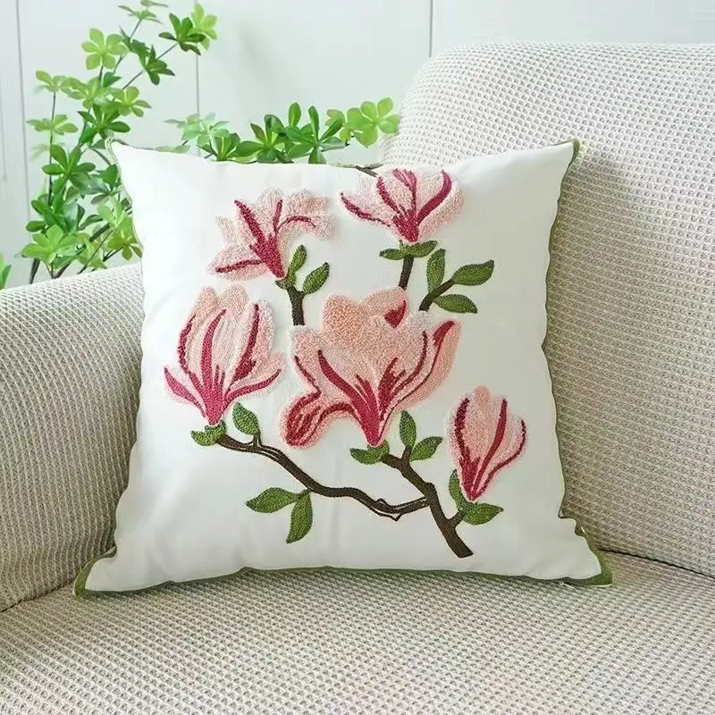 Funda de almohada bordada de 45x45CM, bonita funda de almohada ligera de lujo con flores nórdicas para sofá, funda de cintura