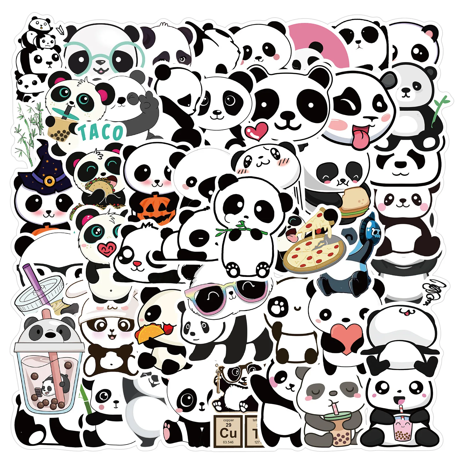 50pcs Cartoon Panda Sticker Pack Cute Laptop Skin Waterproof Phone Case Kawaii Packaging Laptop Skin Art Supplies