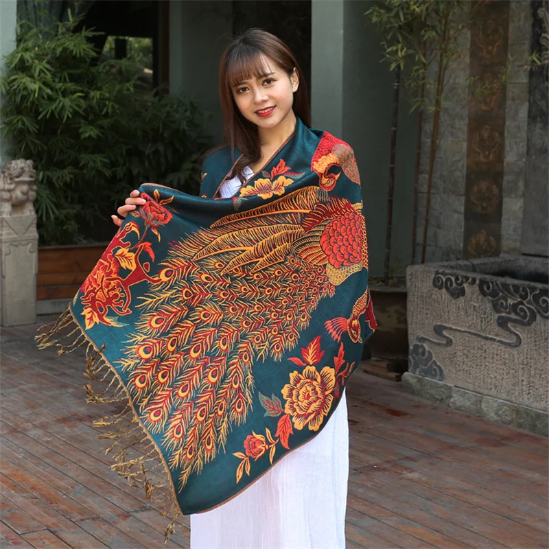 

Women Shawl Bohemian Ethnic Fringed Shawls Peacock Pashmina Jacquard Lady Cotton Travel Blanket Scarves Winter Warm Scarf Wrap