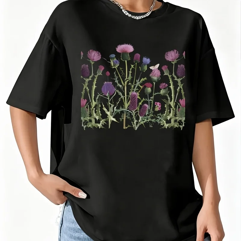 Thistle Botanical Garden Illustration Women's 100% Cotton T-Shirt Short Sleeve Top Casual Round Neck Fun Print Tee S-5Xl