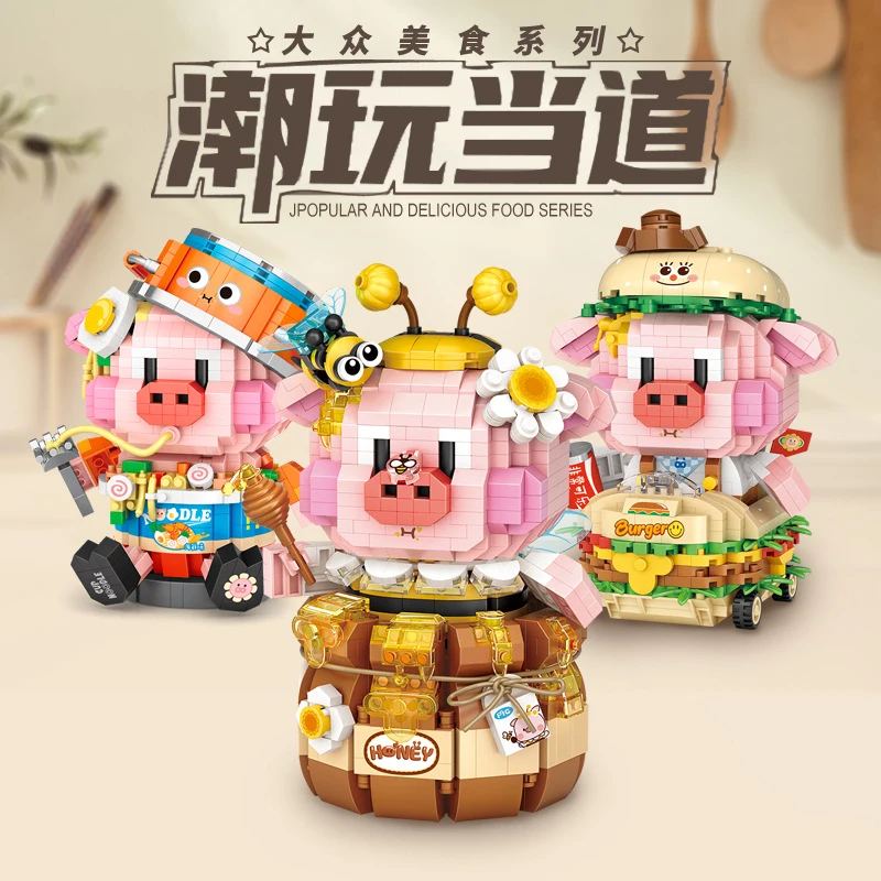 

Cute Hamburg Pig Honey Pig Canned Piglet Noodles Strawberry Piglet Building Block DIY Diamond Animal Assembly Toy For Kids Gift