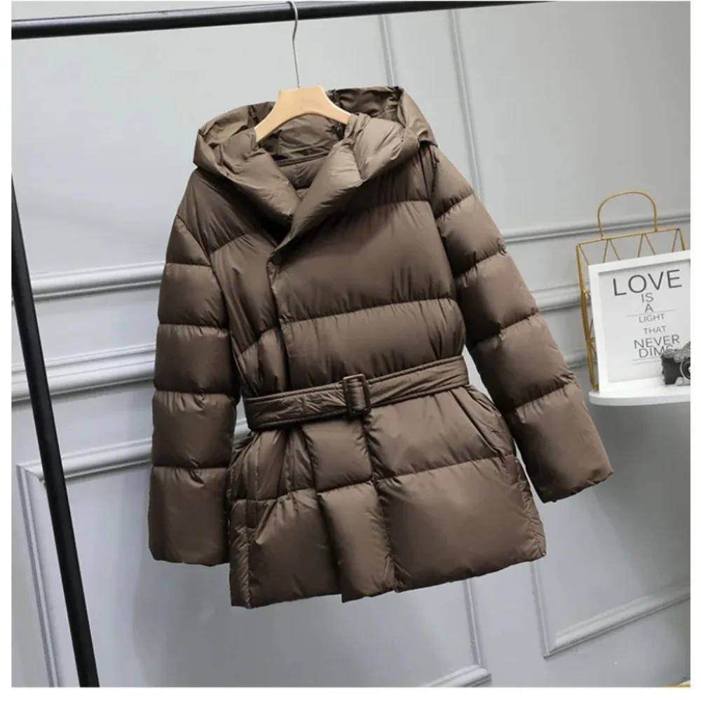 Down Jacket Women 2024 New Winter Puffer Jacket with Belt Plus Size Hooded Parka Overcoat Female Down Jackets Warm Casual Coat