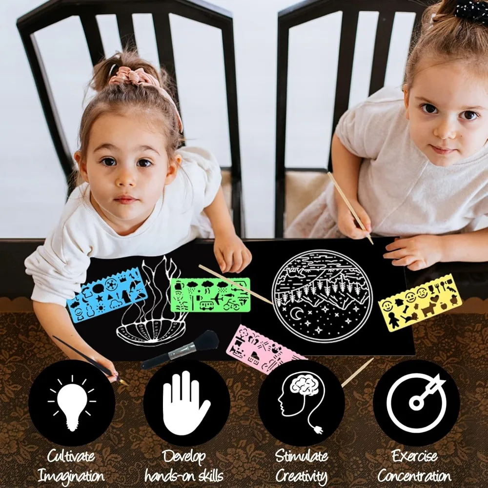 Set de arte de papel para rascar, 50 piezas de tablero para rascar recubierto de negro de 8 × 11 pulgadas, papel grande para rascar