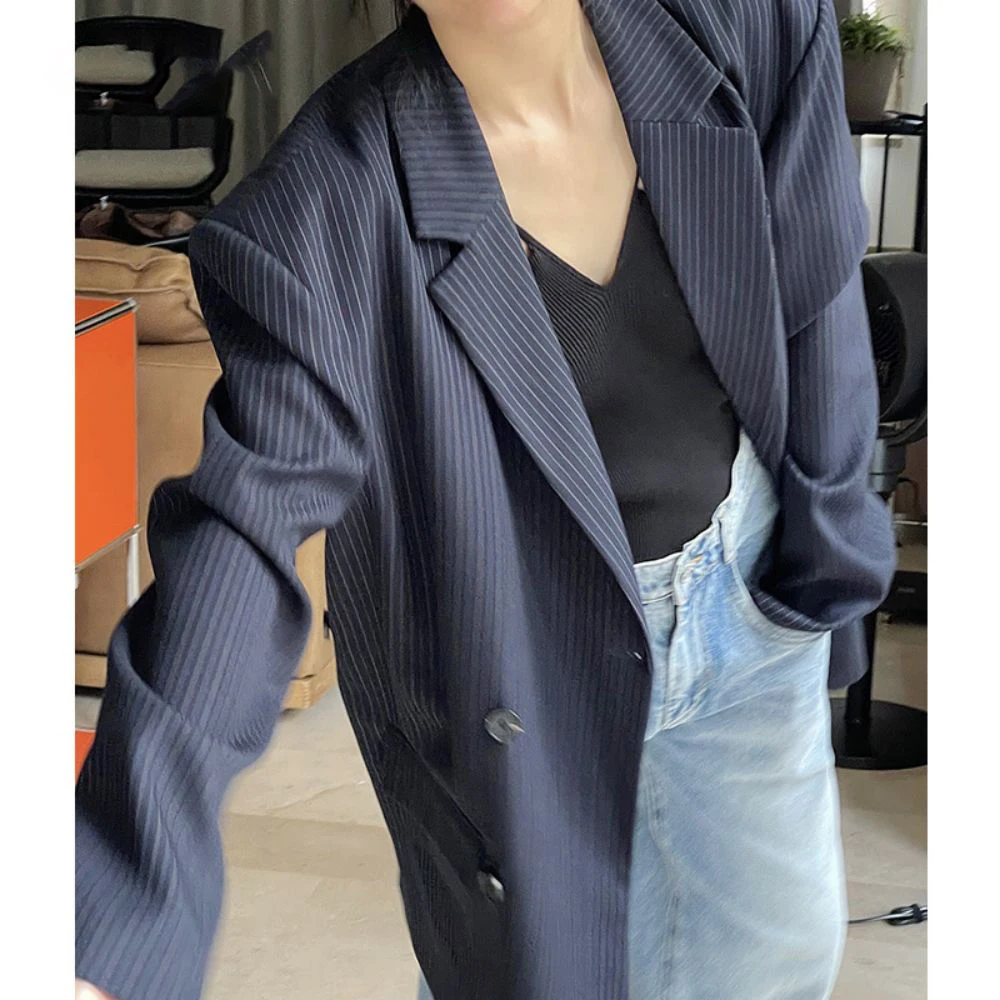 Vintage Striped Padded Lapel Blazer For Women 2023 Spring Fall Modern Wide Shoulder Single Breasted Suit Overcoat Casual Jacket