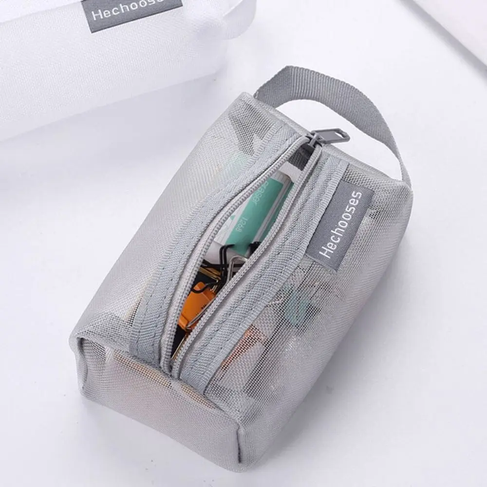 Fashion Portable Square Mesh Storage Pouch Lightweight Large Capacity Mini Zipper Coin Purse Breathable Stationery Case