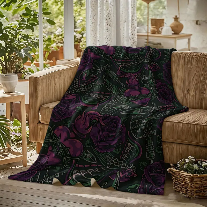 Gothic Rose Tattoo Art Flannel Blanket Perfect for Sofa Office Bed Travel Sleep Read Relax Camping Four Season Use