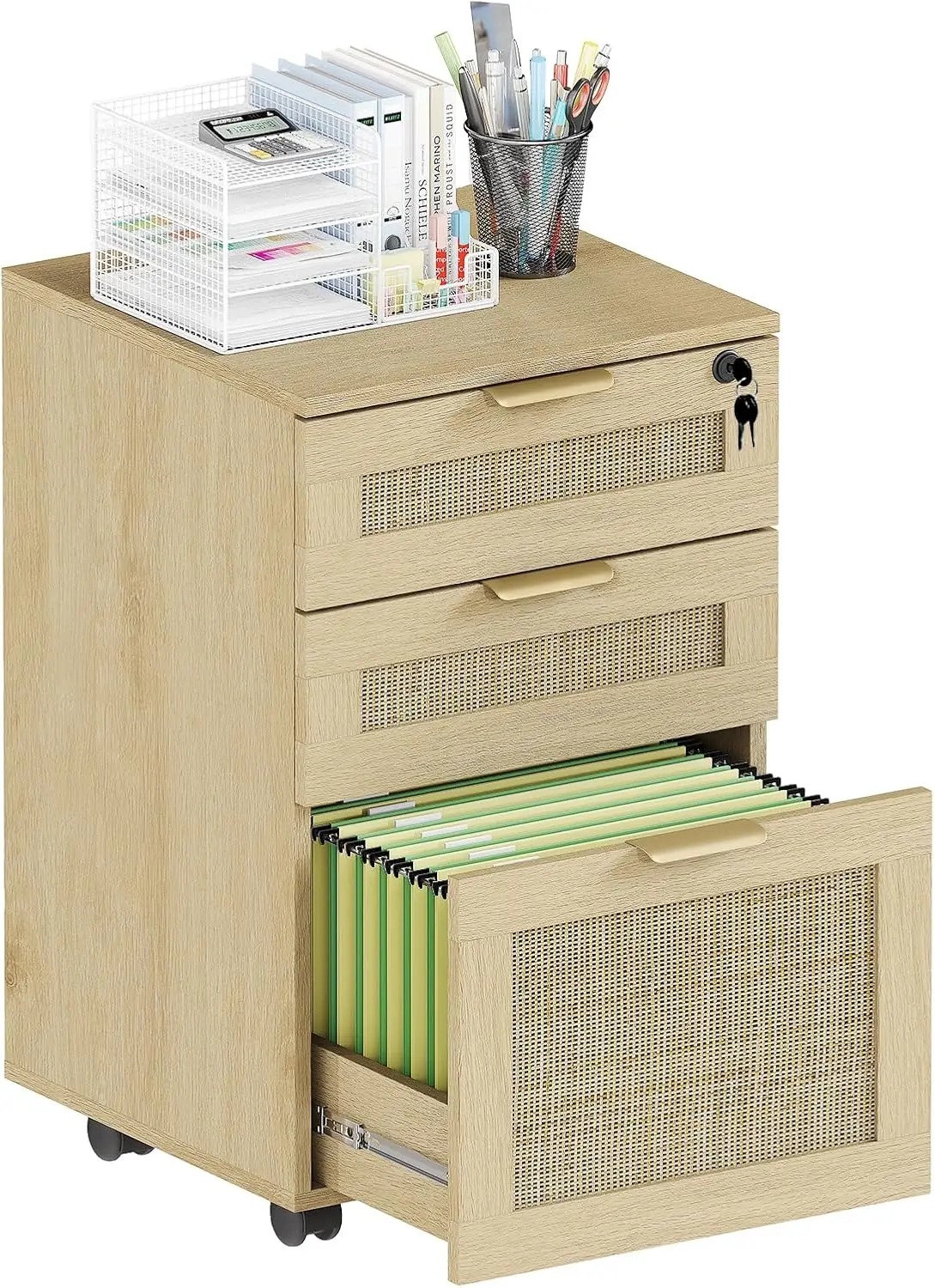 

3 Drawer File Cabinet with Lock, Rattan File Cabinets with Wheels, Small Filing Cabinet for Hanging