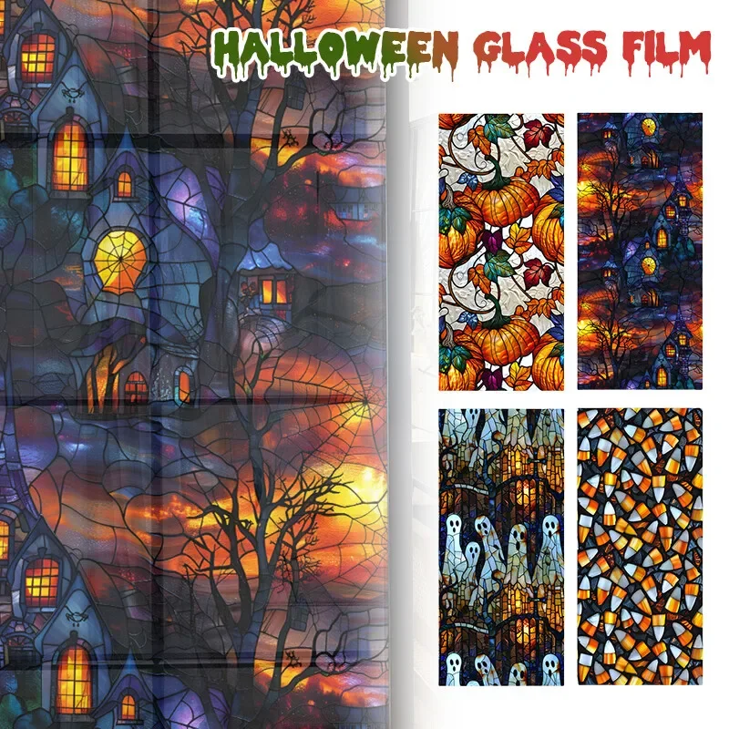 

45X100/200CM Window Privacy Film Adhesive Film Halloween Bat Pumpkin Door Sticker Curtain Window Glass Film Sticker