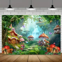 1pc - Charming background Fairy Garden Woodland Mushroom Butterfly Wildflower Birthday party photography background banner