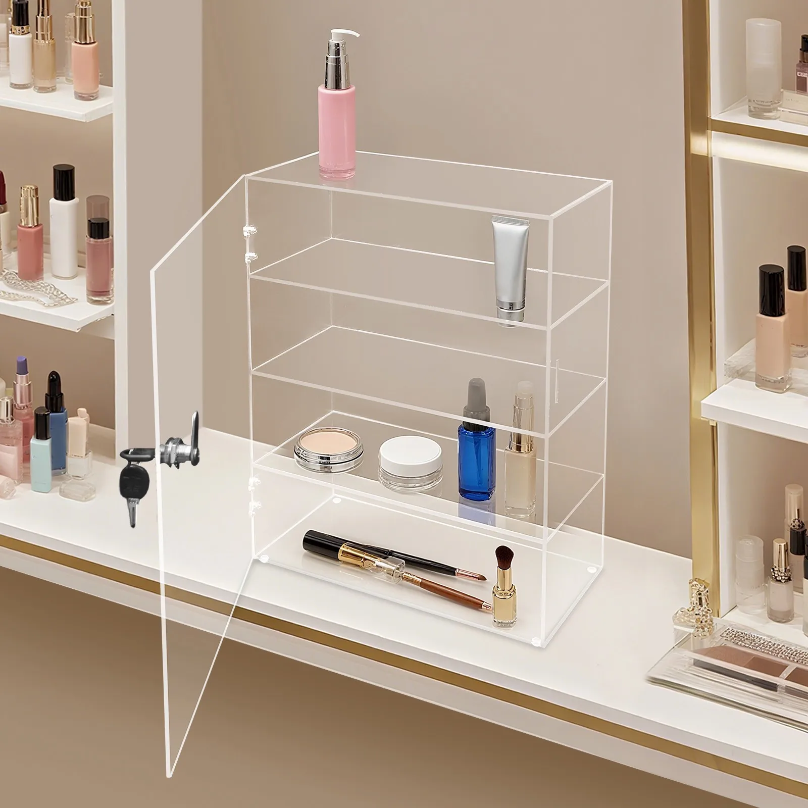 Vitrine en acrylique verrouillable, vitrines de comptoir transparentes, vitrine en acrylique à 4 niveaux
