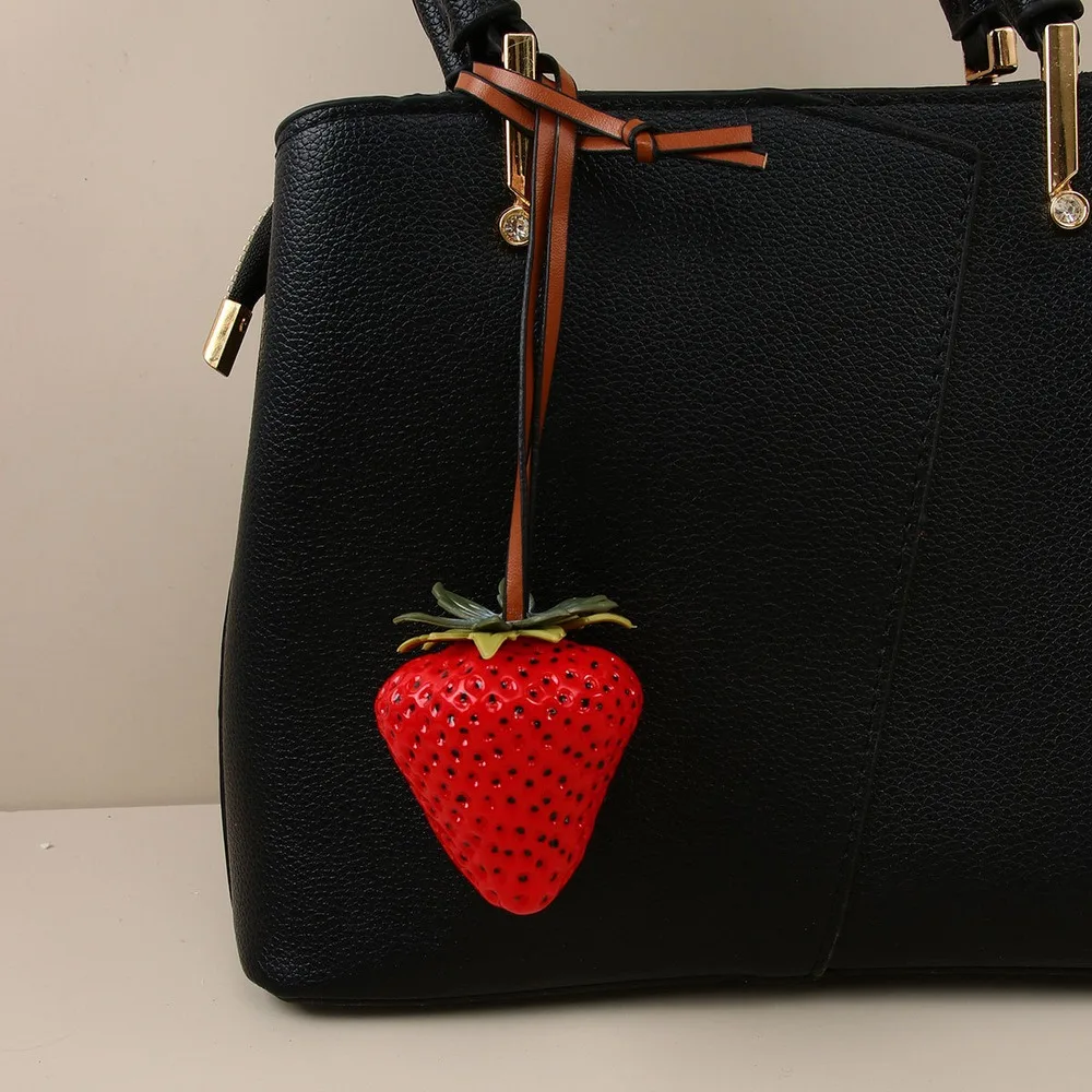 Strawberry Bag Charm 3D Realistic Glossy Fruit Purse Accessory With Long Strap For Handbag Tote Women Cute Everyday Summer Gift