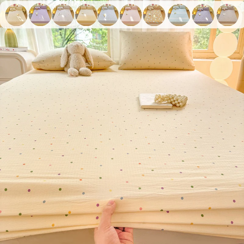 Simple Washed Cotton  Sheet Mattress Protector Cover,Non-Slip Fixed Positioning All-Season Machine Washable Without Pillowcase