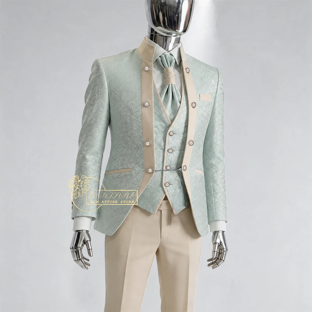 Sage Green Men's Suit 3pcs Jacquard Jacket Vest Beige Pants Custom Slim Fit Set for Wedding Groom Banquet Prom Party Tuxedo