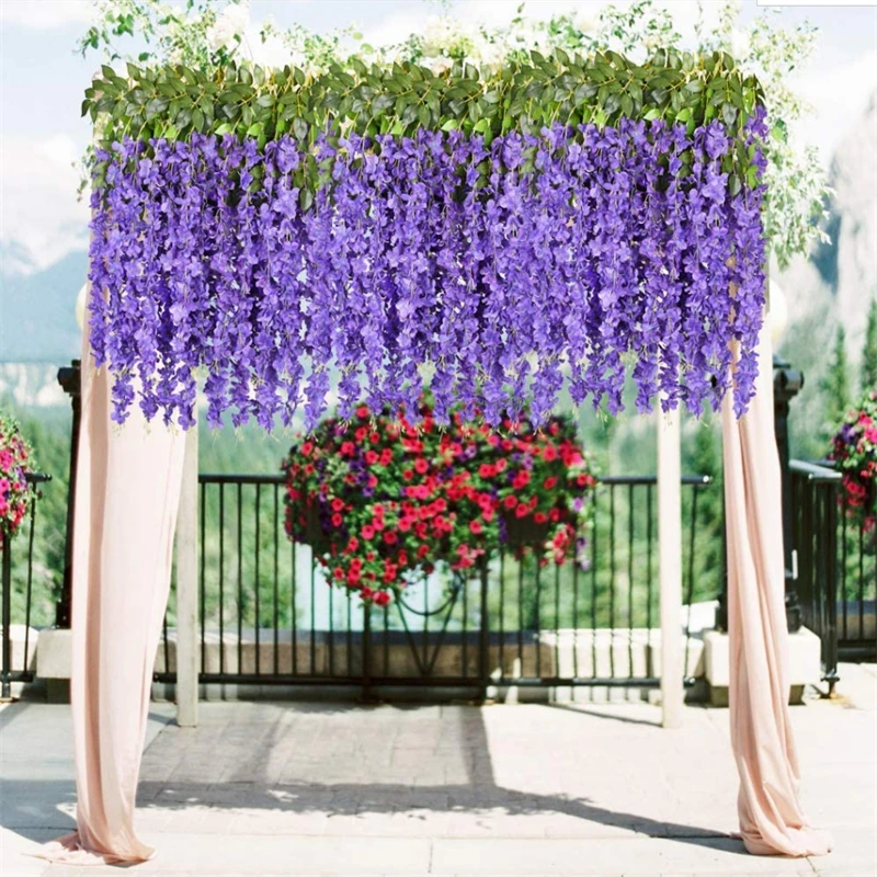 Artificial Wisteria Vine Flowers, Fake Flower, Rattan, DIY Wedding Decoration, Home Garden Decor, Hanging, 12Pcs