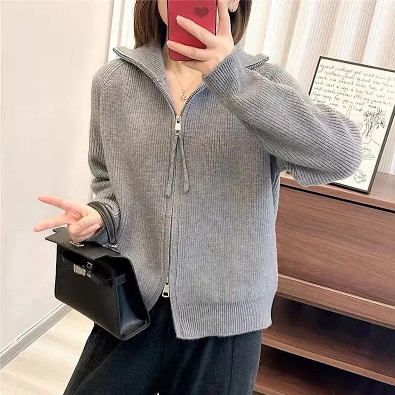 

Zipper Turtleneck Sweater Jacket Autumn Winter New Thickened Loose Lapel Lazy Knitted Base Top Cardigan
