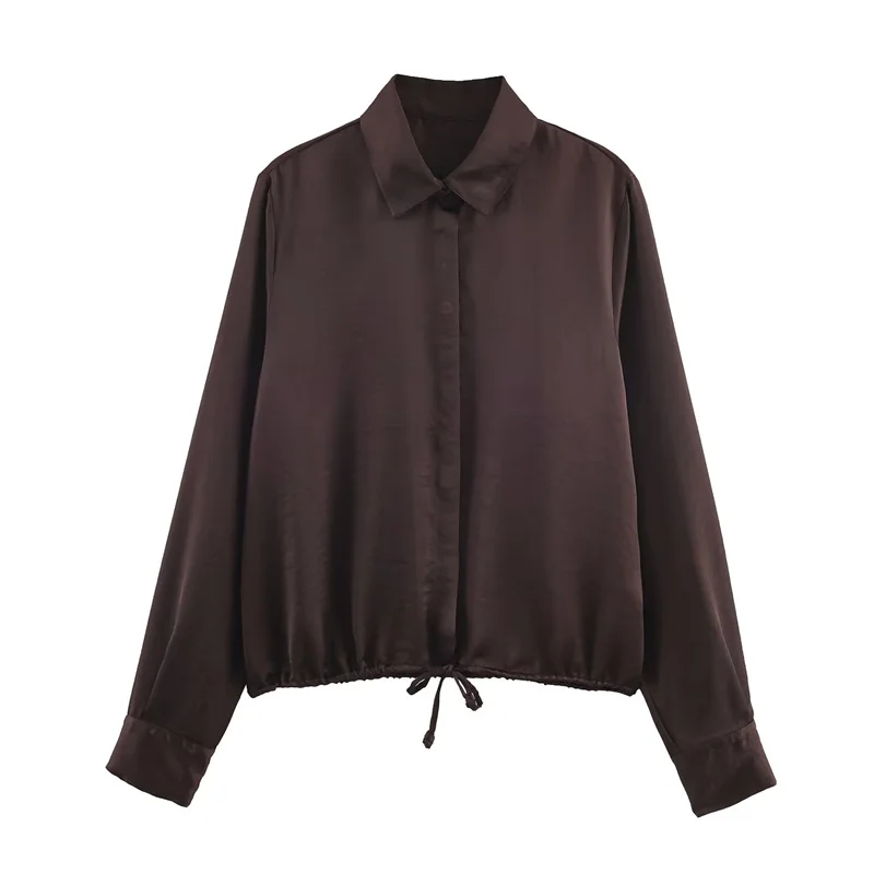 

Women's Shirt 2025 Winter New Deep Brown Long-Sleeve Satin Texture Shirt Jacket with Drawstring Detail Casual Fashion Versatile