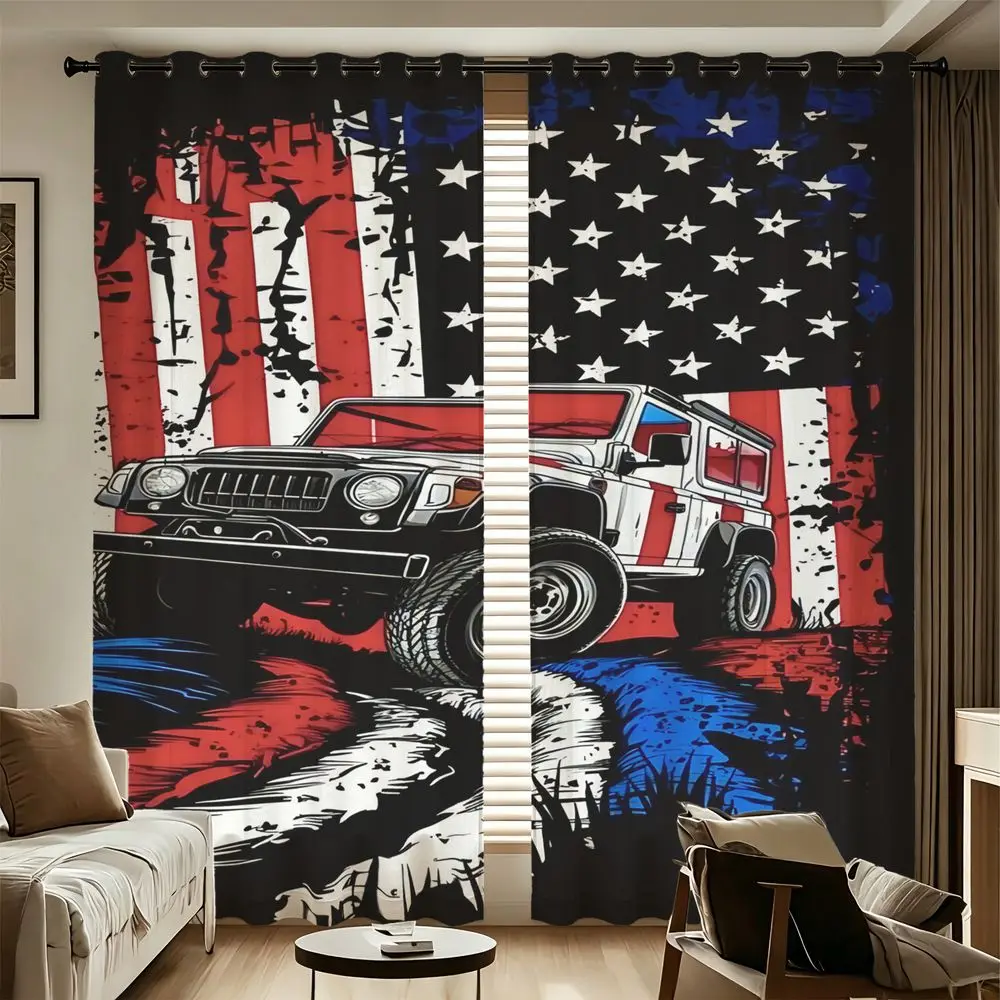 2 Panels American Flag Off-Road Jeep Curtains Digital Print Blackout Window Drapes For Bedroom Living Room Home Decor