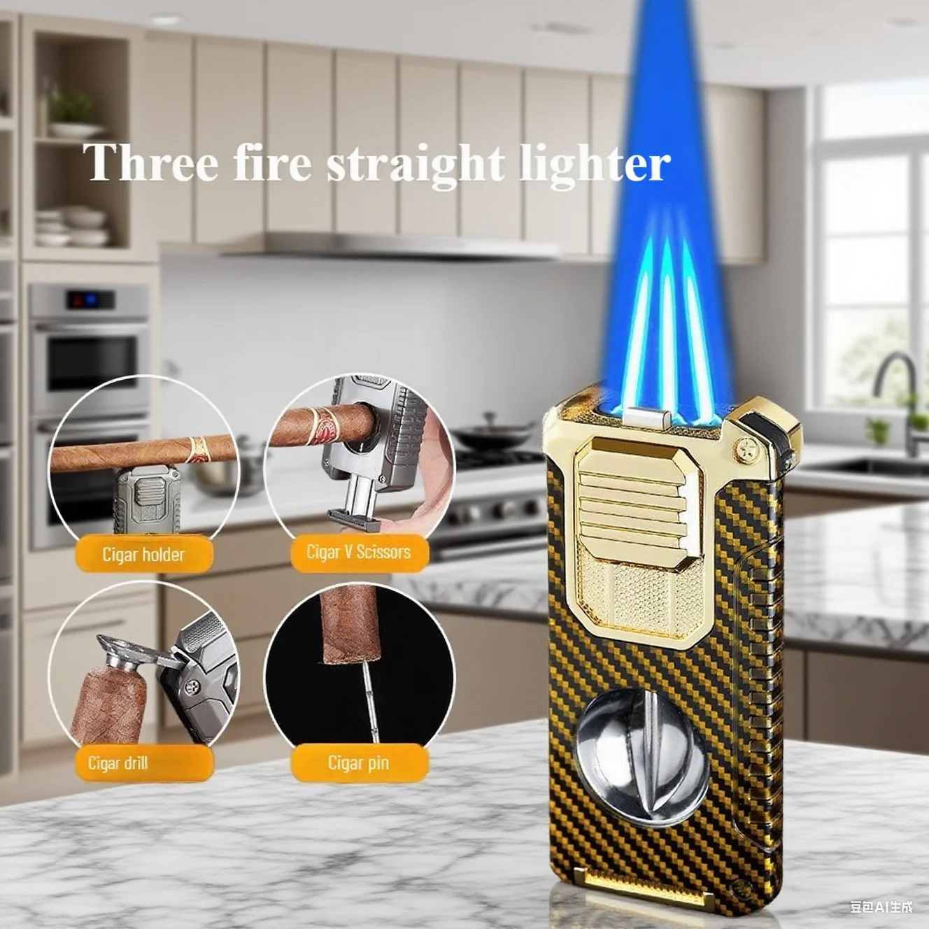 

Creative Five-in-one Three-fire Direct Cigar Lighter, with V-shaped Cigar Cutters, Portable Multi-function Lighter