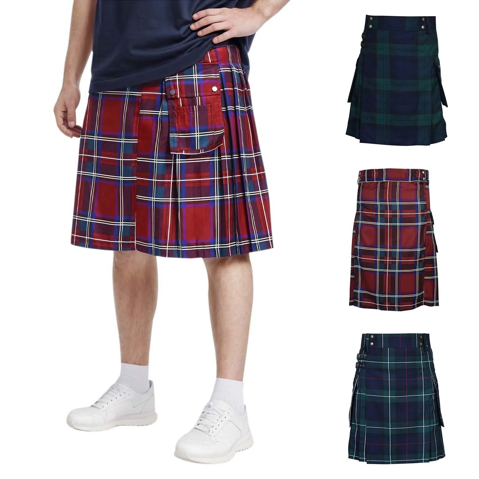 Men Pleated Skirt Scottish Plaid Print Fashion Contrast Color Pocket Ethnic Ruffle Cosplay Gothic Punk Plus Size A-Line Kilt