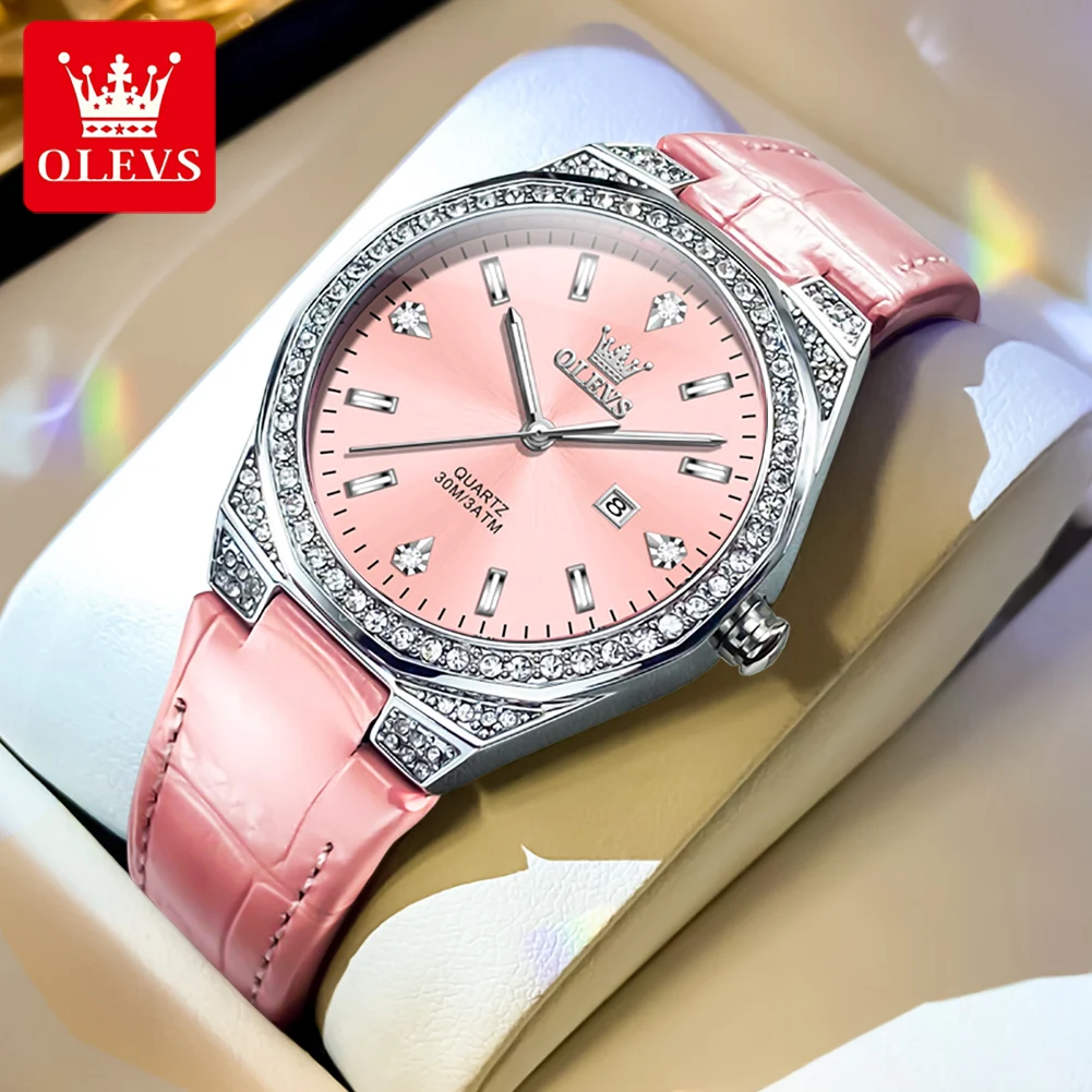 OLEVS NEW Women's Watches Pink Leather Strap Full Diamond New Style Date Waterproof Original Quartz Watch for Girl Fashion