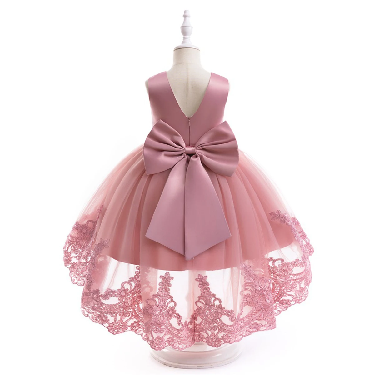 Girls Sleeveless Tulle Tutu Lace Birthday Pageant Party Dress Kids Big Bowknot Embroidered Hi-lo Hem Flower Girl Wedding Dresses