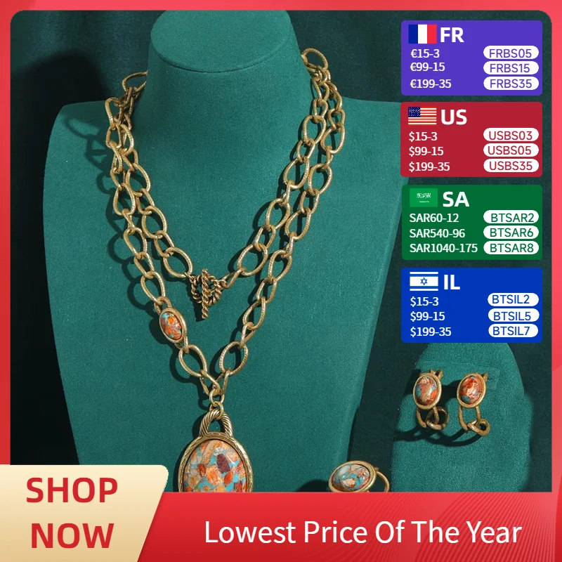 

Vintage Jewellery Women Oval Clip Earring Set Nautical Map Pendant Necklace Palace Luxury Natural Stone Big Chain Jewelry 2024
