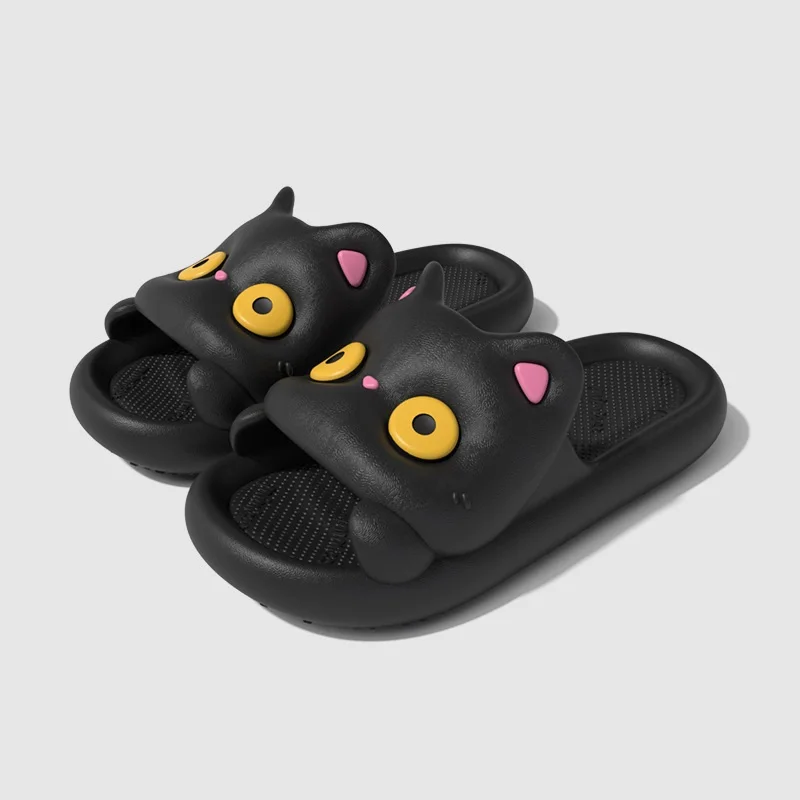 

Trendy 3D Black Cat Slippers for Women Cute Cartoon Open Toe Slide Sandals Soft EVA Non Slip Indoor House Shoes Summer Slipper