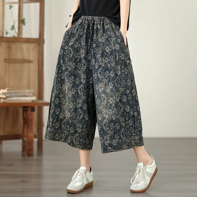 Vintage Paisley Jacquard Print Wide Leg Capri Jeans Women's Summer Fashion Elastic Waist Loose Casual Calf-length Denim Pants