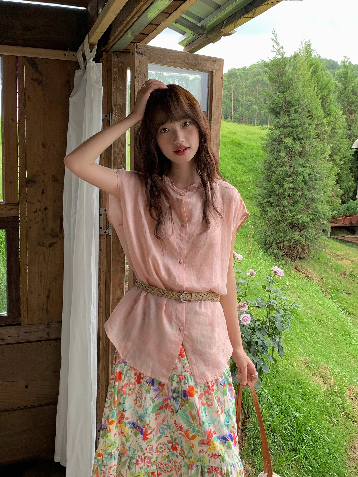 

Летняя женская льняная рубашка свободного кроя, розовая, повседневная, с круглым вырезом, однотонная, для работы и отдыха, в художественном стиле