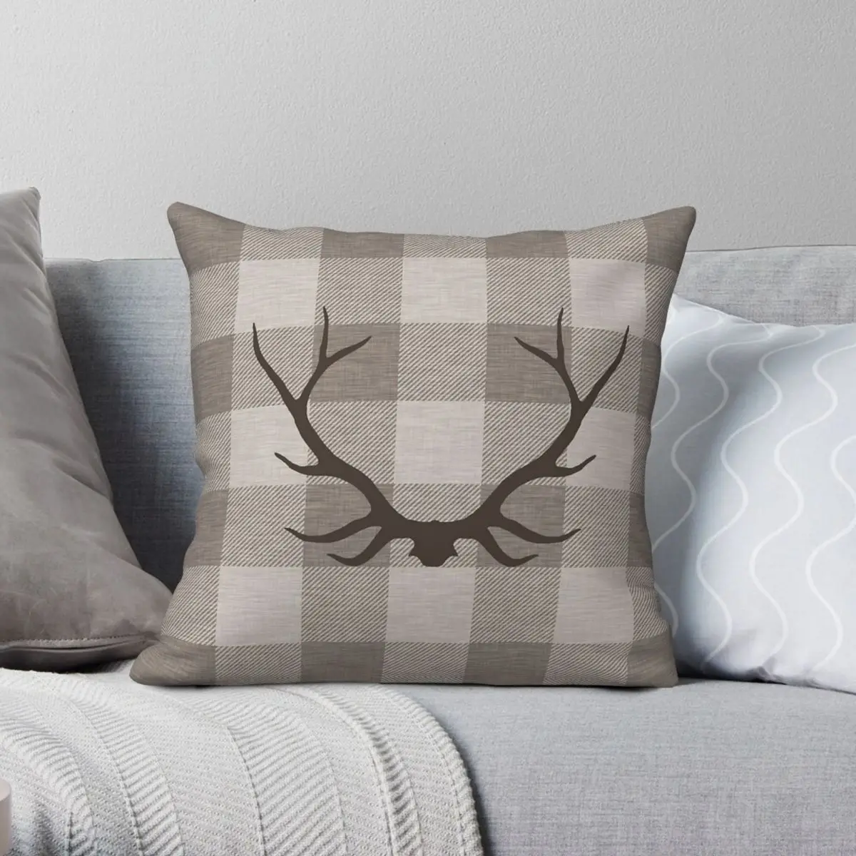 Plaid Antlers Taupe Square Pillowcase Polyester Linen Velvet Printed Zip Decor Pillow Case Sofa Seater Cushion Case