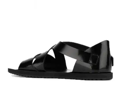 

Summer Black Genuine Leather Low Top Cross Strap Flat Sandals Round Open Toe Buckle Strap Gladiator Leisure Beach Sandals Shoes