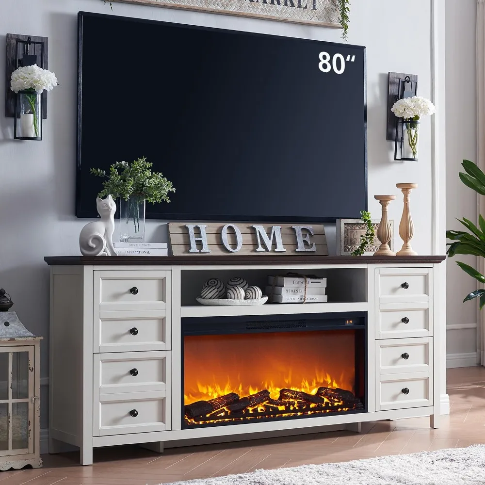 

TV Stand for TVs up to 80 Inches, Farmhouse Entertainment Center w/36 Electric Fireplace & 4 Faux Double Drawers