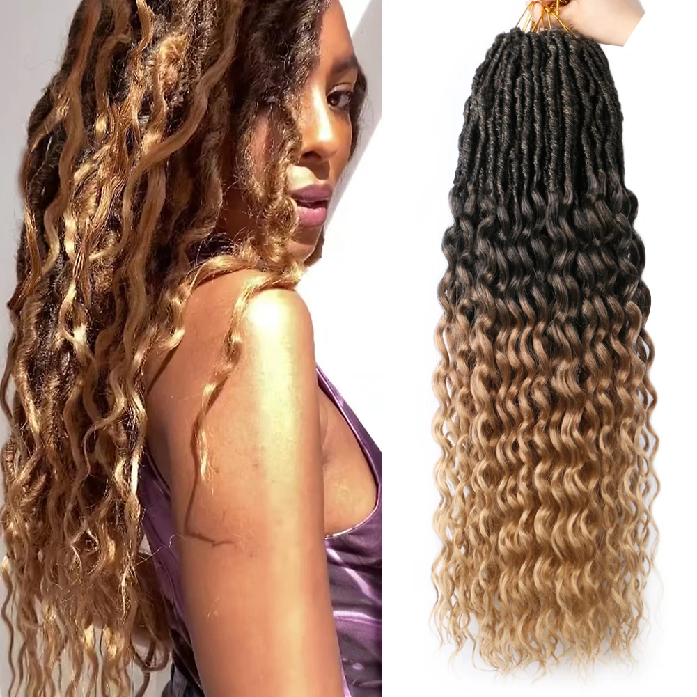 Synthetic 24Inch Long Deep Wave Curly Faux Locs Crochet Braiding Goddess Locs Ombre Bohemian Soft Locks Hair Extensions