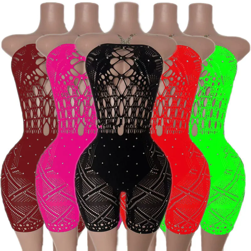 Sexy Strapless Hollow Fishnet Jumpsuit For Women Rhinestone Studded Mesh Short Bodysuit Night Out Club Party Bodycon Outfit