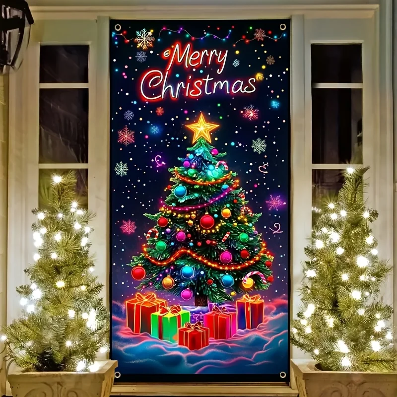 لافتة باب بوليستر شجرة عيد الميلاد المسطحة 2D - الخيار المثالي لاحتفالات المهرجانات والحفلات الموسمية