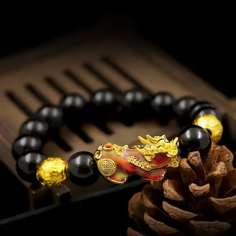 

9999 Real Gold 24K Men's Enamel Temperature Changing Solid Hollow Pixiu Stone Obsidian Pixiu Gold Bead Bracelet Supply