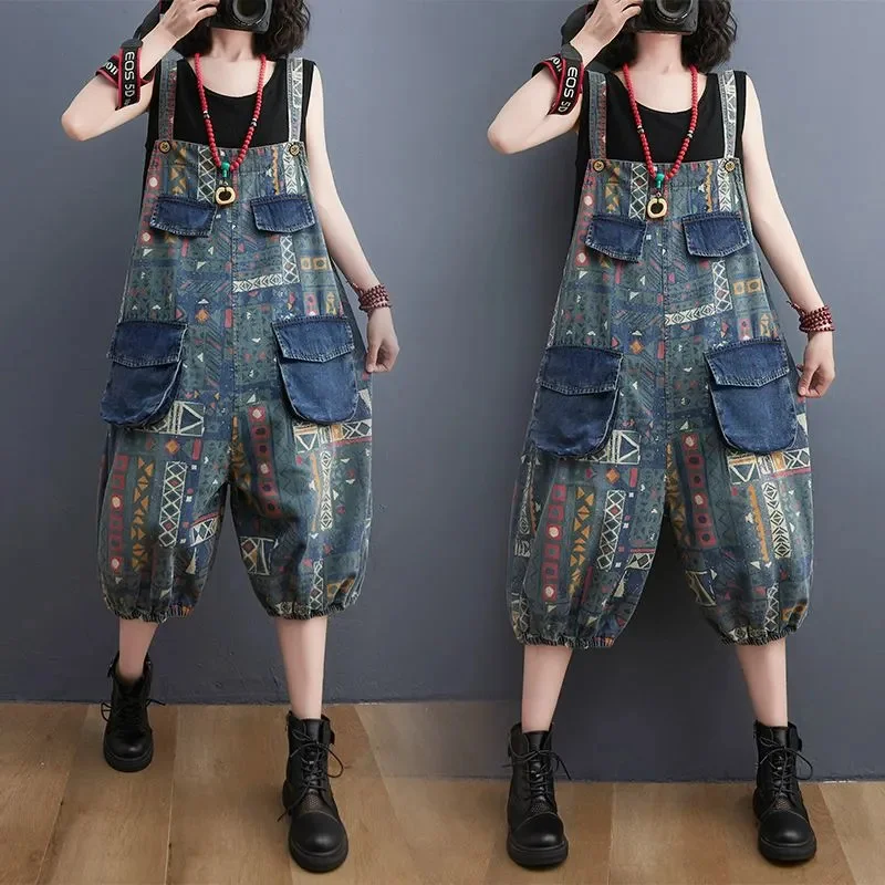 Printed Denim Shoulder Strap Lantern Pants For women 2024 Summer Loose Sleeveless Personalized Jumpsuit Female Casual Wear