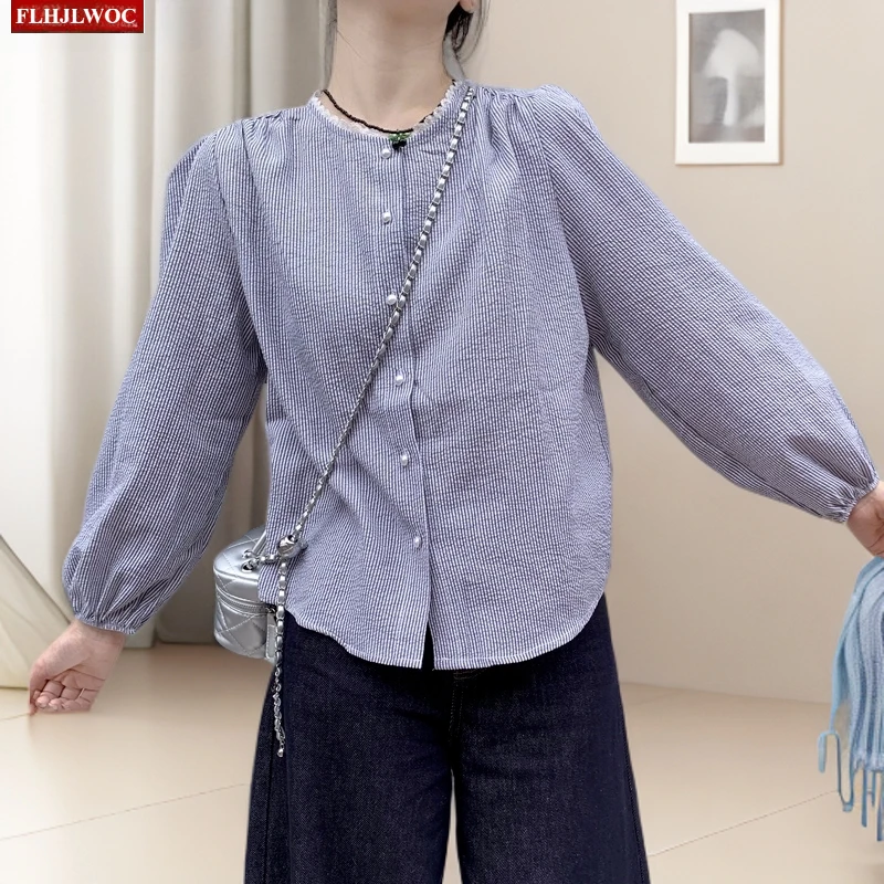 

Хлопковые топы, блузки, новые милые милые женские рубашки для девочек, осенние рубашки в консервативном стиле с длинными рукавами, повседневные ретро, винтажные рубашки с блестящими жемчужными пуговицами