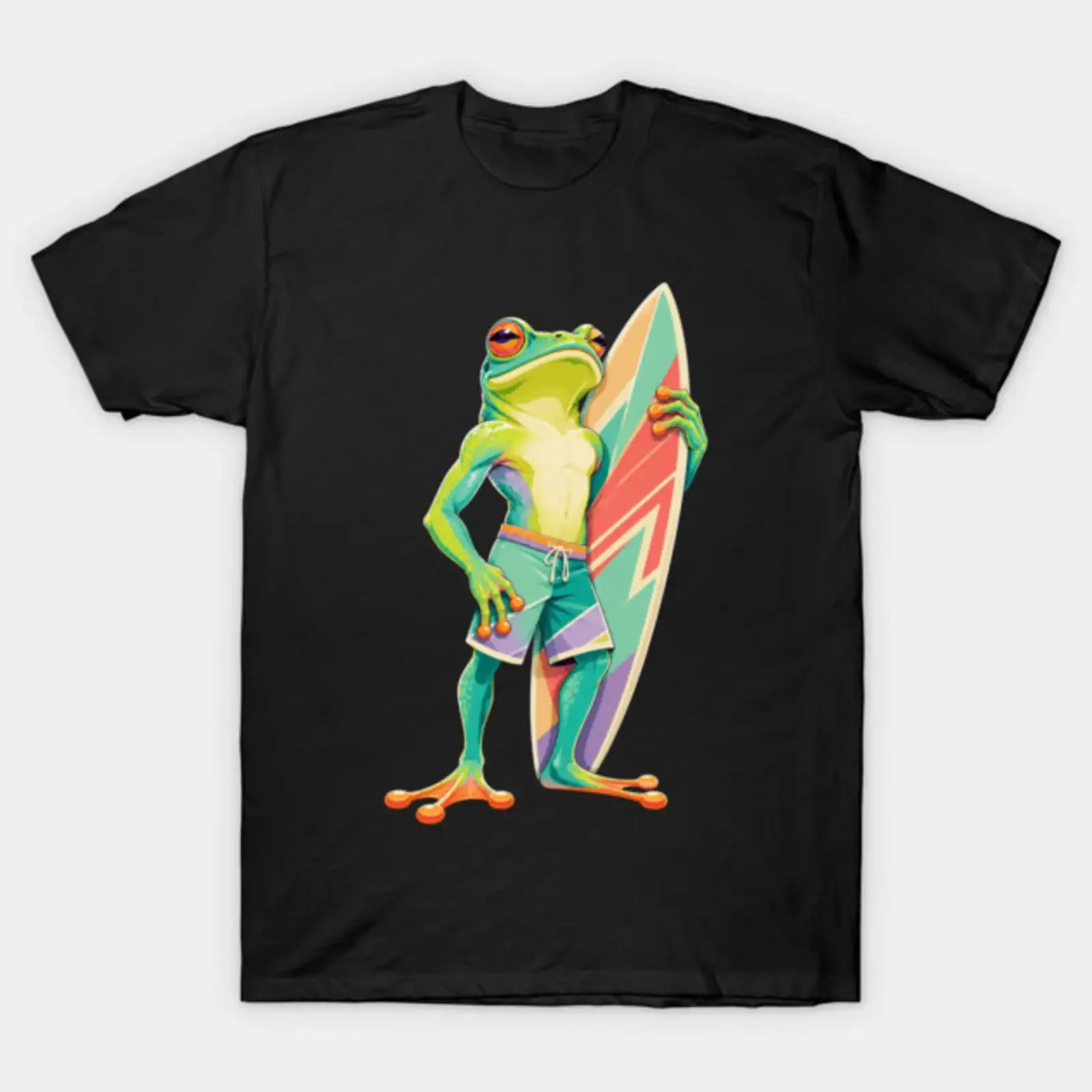 Cool Surfer Frog Retro Tropical Surfboard T Shirt vintage Washed graphic Versatile Casual Top For Everyday Wear Stretched