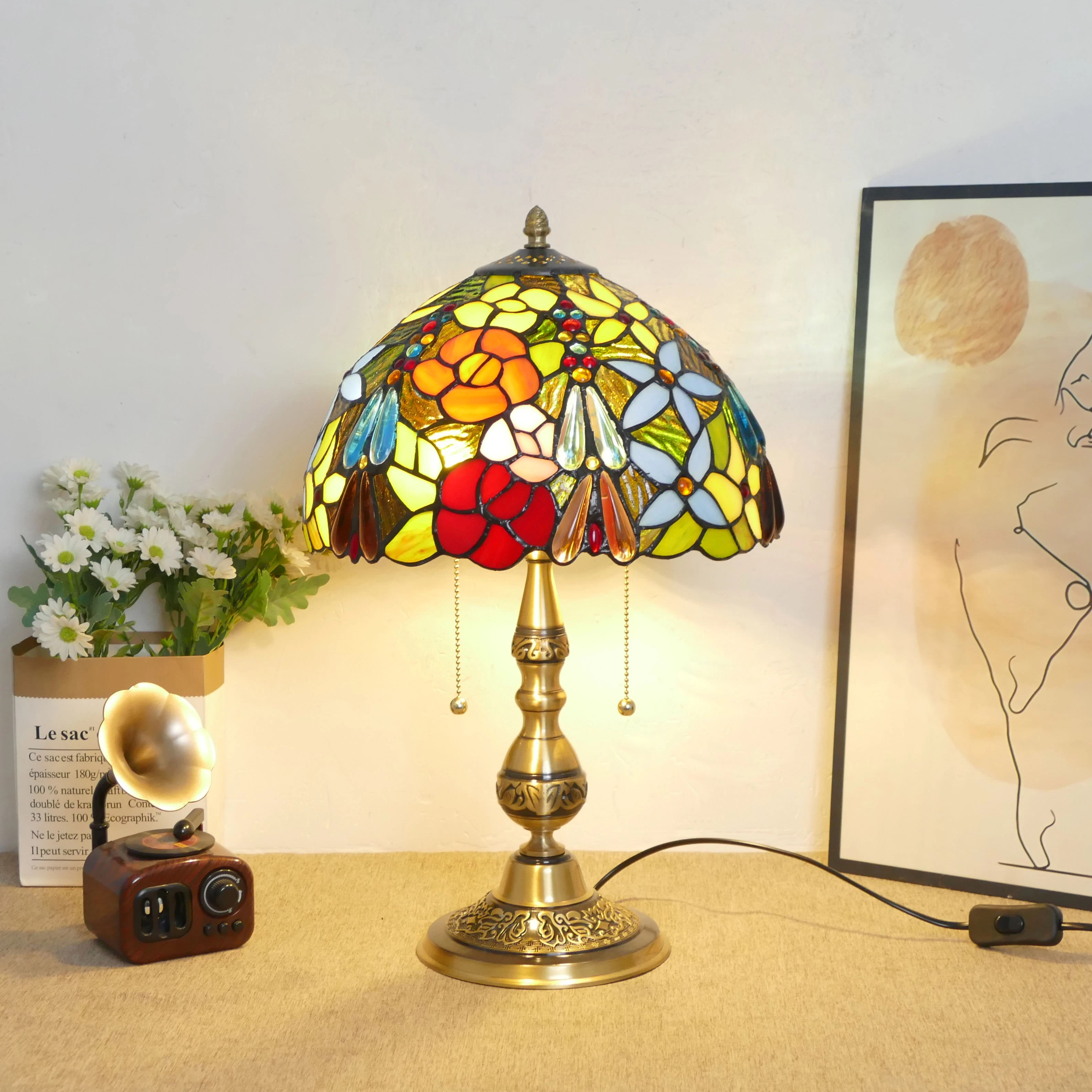 12 Inch Wide Stained Glass Lampshade All Copper Base Living Room Bedroom Bedside Study Living Room Decoration Desk Lamp
